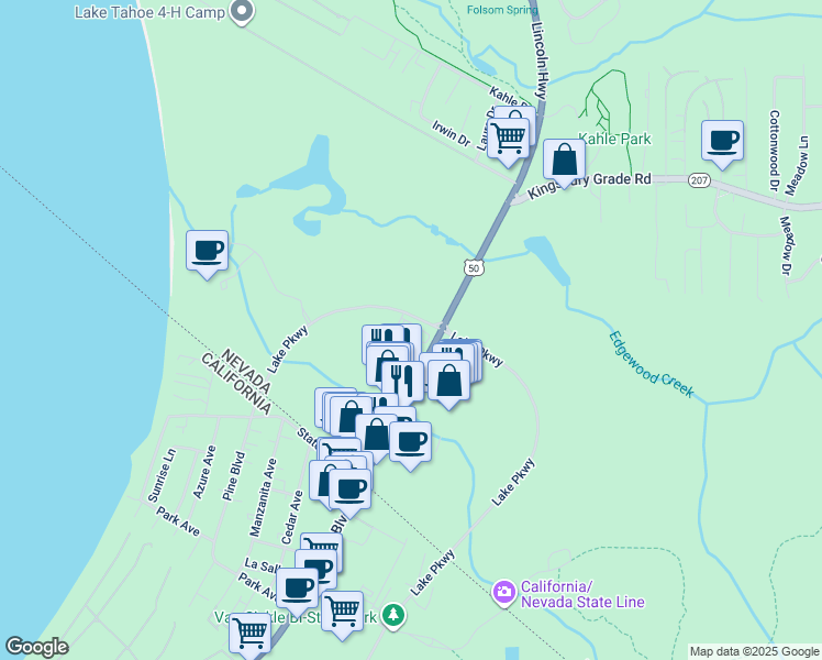 map of restaurants, bars, coffee shops, grocery stores, and more near 160 Lake Parkway in Gardnerville
