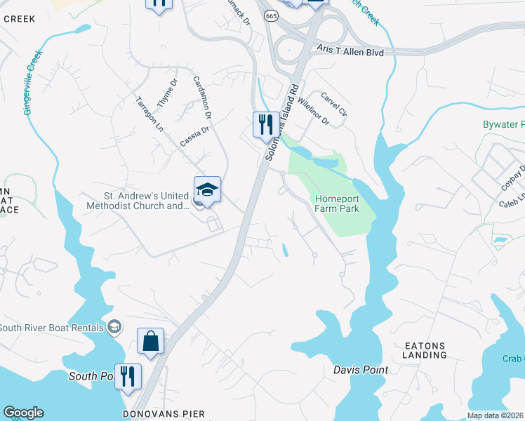 map of restaurants, bars, coffee shops, grocery stores, and more near 2621 Solomons Island Road in Edgewater