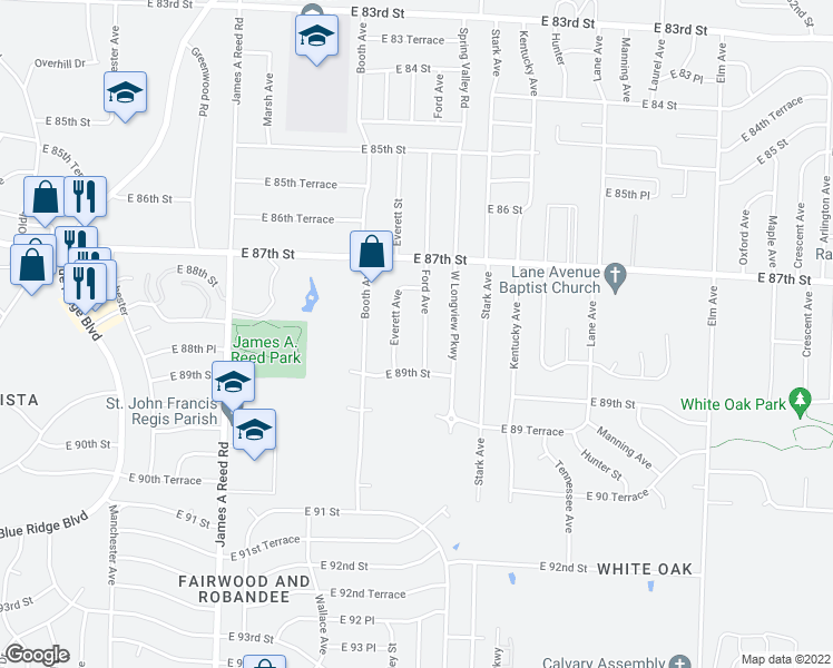 map of restaurants, bars, coffee shops, grocery stores, and more near 8801 Everett Street in Kansas City