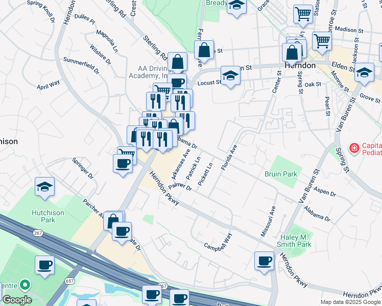 map of restaurants, bars, coffee shops, grocery stores, and more near 424 Arkansas Avenue in Herndon