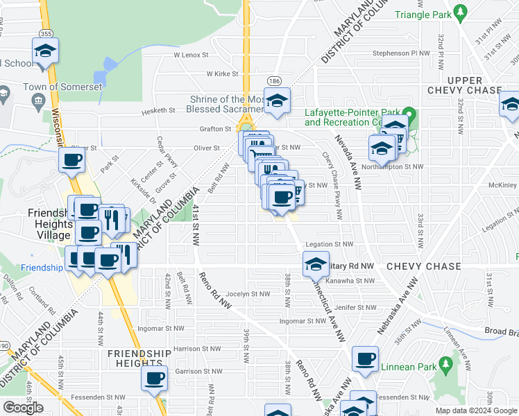 map of restaurants, bars, coffee shops, grocery stores, and more near 3818 Morrison Street Northwest in Washington