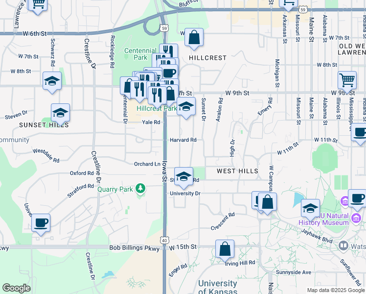 map of restaurants, bars, coffee shops, grocery stores, and more near 1108 Highland Drive in Lawrence