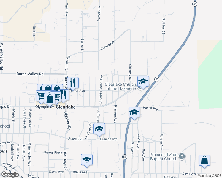 map of restaurants, bars, coffee shops, grocery stores, and more near 3357 Brown Street in Clearlake