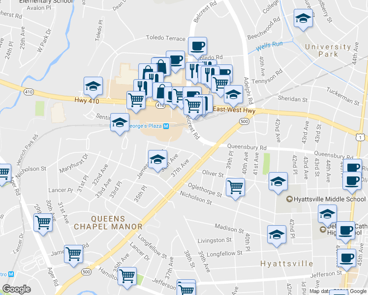 map of restaurants, bars, coffee shops, grocery stores, and more near 3602 Oliver St in Hyattsville