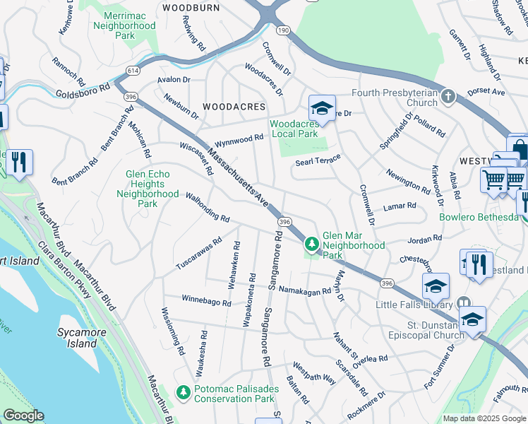 map of restaurants, bars, coffee shops, grocery stores, and more near 6002 Onondaga Road in Bethesda