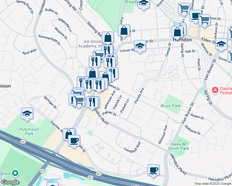 map of restaurants, bars, coffee shops, grocery stores, and more near 424 Arkansas Avenue in Herndon
