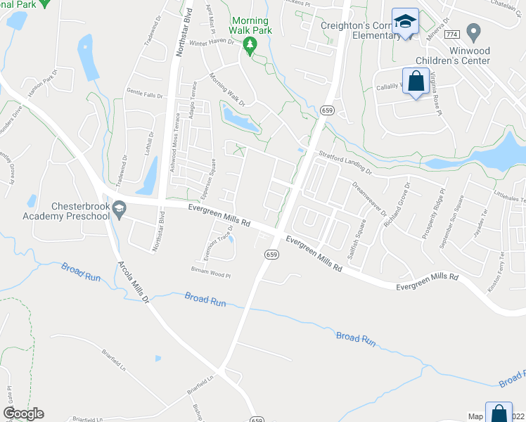 map of restaurants, bars, coffee shops, grocery stores, and more near 23623 Biggers Farm Terrace in Ashburn