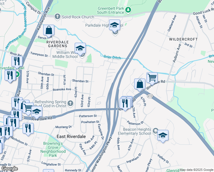 map of restaurants, bars, coffee shops, grocery stores, and more near 6165 64th Avenue in Riverdale Park