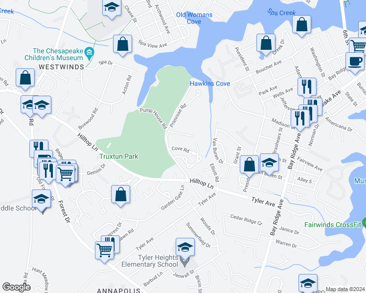 map of restaurants, bars, coffee shops, grocery stores, and more near 1148 Cove Road in Annapolis
