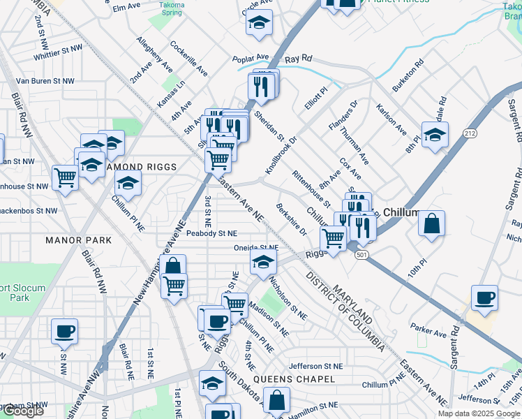 map of restaurants, bars, coffee shops, grocery stores, and more near 6017 Eastern Avenue Northeast in Washington
