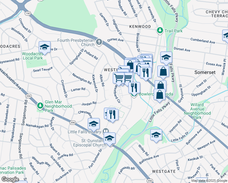 map of restaurants, bars, coffee shops, grocery stores, and more near 5301 Westbard Circle in Bethesda