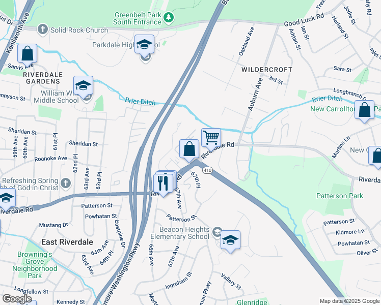 map of restaurants, bars, coffee shops, grocery stores, and more near 6227 Riverdale Road in East Riverdale