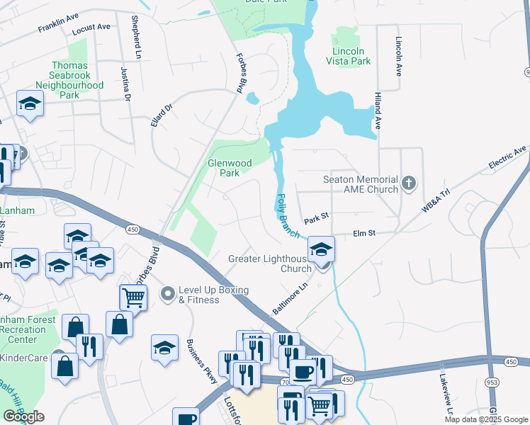 map of restaurants, bars, coffee shops, grocery stores, and more near 10236 Chautauqua Avenue in Lanham