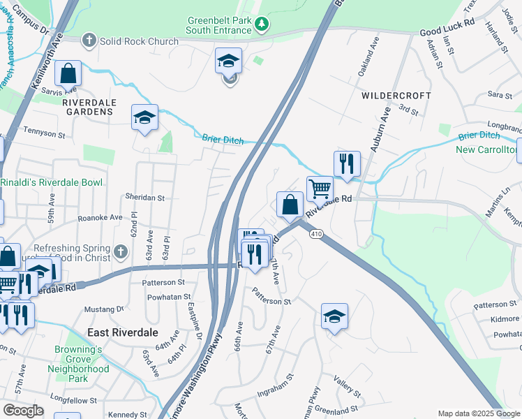 map of restaurants, bars, coffee shops, grocery stores, and more near 6272 67th Court in East Riverdale
