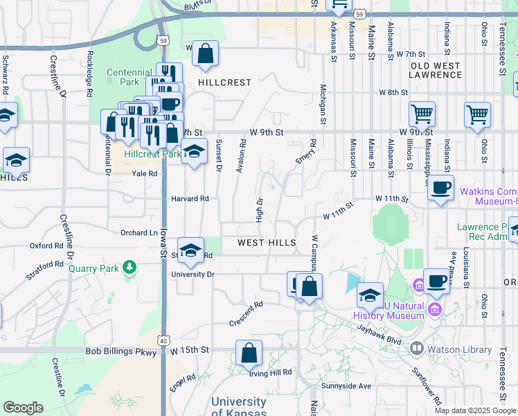 map of restaurants, bars, coffee shops, grocery stores, and more near High Drive in Lawrence