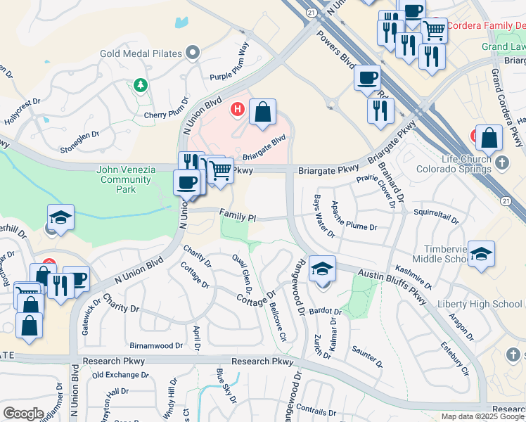 map of restaurants, bars, coffee shops, grocery stores, and more near 4108 Family Place in Colorado Springs