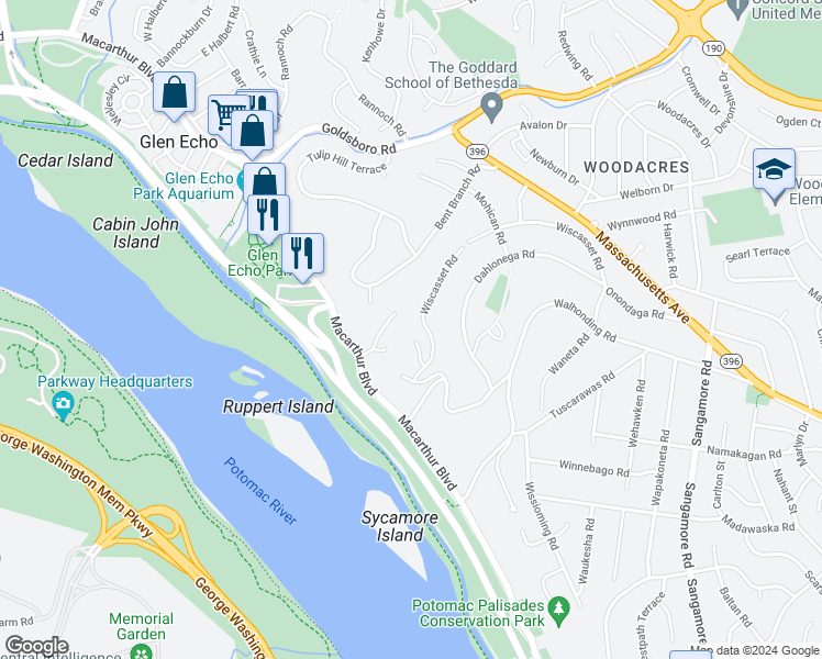 map of restaurants, bars, coffee shops, grocery stores, and more near 6613 Virginia View Court in Bethesda