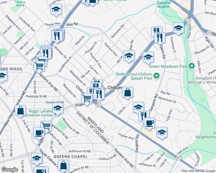 map of restaurants, bars, coffee shops, grocery stores, and more near 909 Cox Avenue in Hyattsville