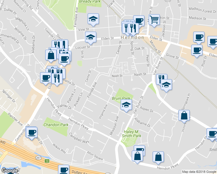 map of restaurants, bars, coffee shops, grocery stores, and more near 493 Virginia Avenue in Herndon