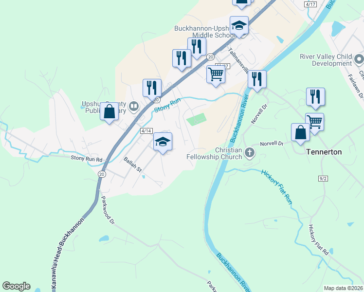 map of restaurants, bars, coffee shops, grocery stores, and more near 90 Jacks Lane in Buckhannon