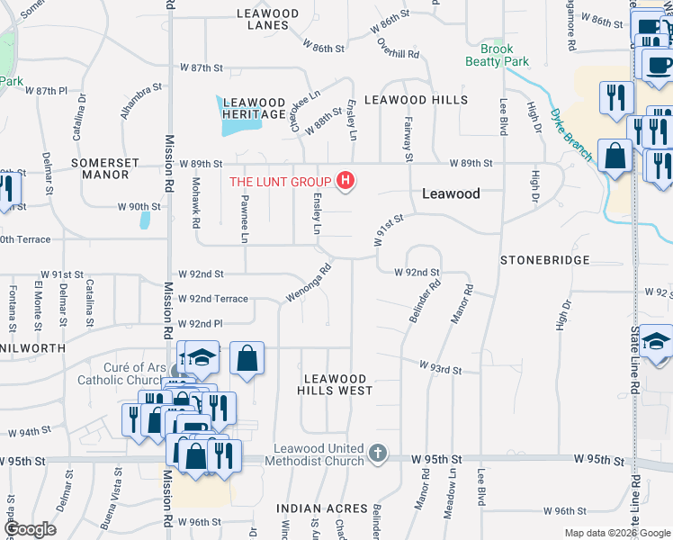 map of restaurants, bars, coffee shops, grocery stores, and more near 9104 Wenonga Road in Leawood