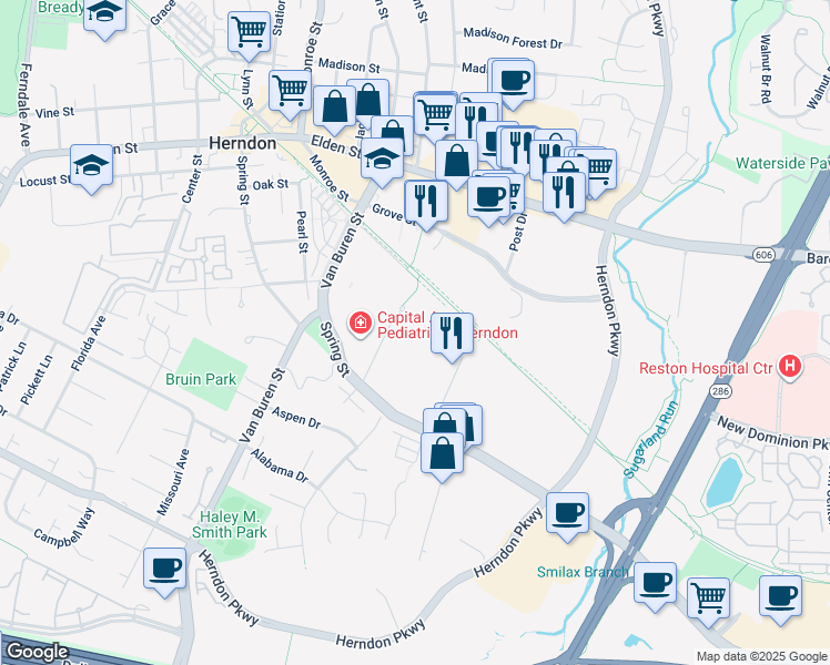 map of restaurants, bars, coffee shops, grocery stores, and more near 530b Huntmar Park Drive in Herndon