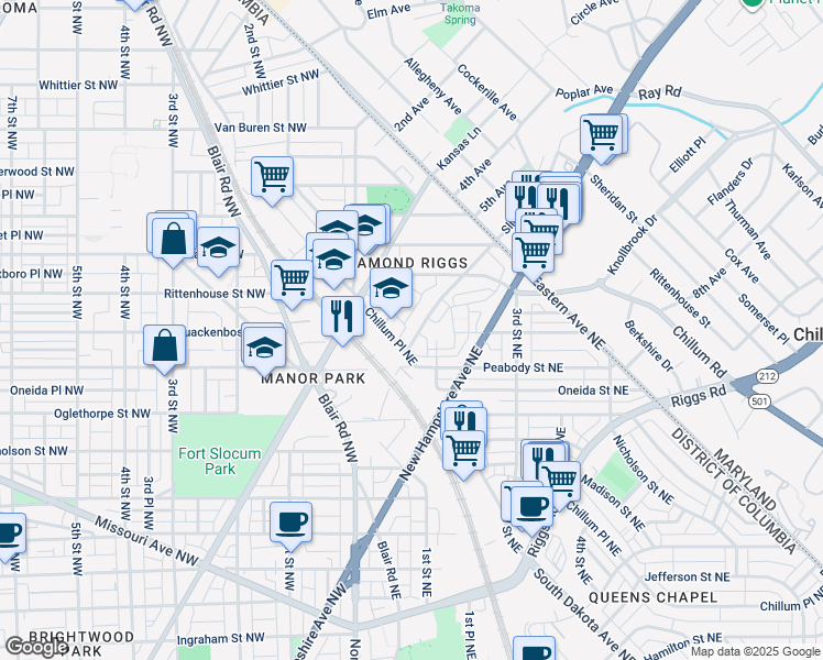 map of restaurants, bars, coffee shops, grocery stores, and more near 6018 Sligo Mill Road Northeast in Washington