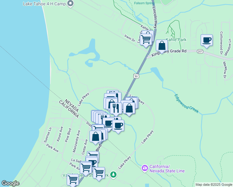 map of restaurants, bars, coffee shops, grocery stores, and more near 160 Lake Parkway in Gardnerville