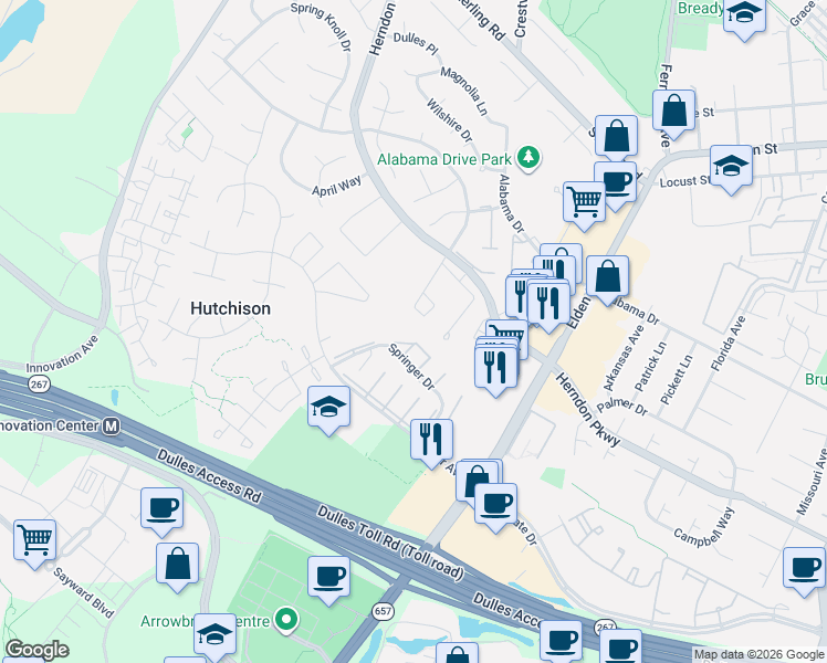 map of restaurants, bars, coffee shops, grocery stores, and more near 2155 Oram Place in Herndon