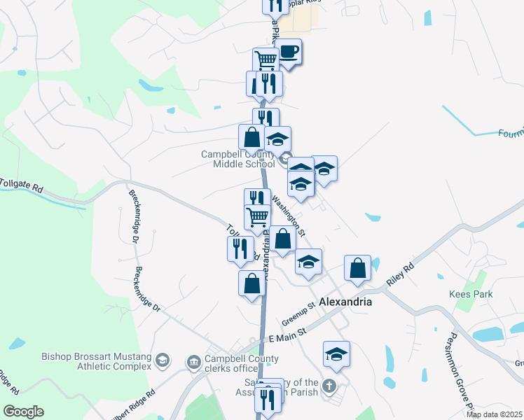 map of restaurants, bars, coffee shops, grocery stores, and more near 8021 Alexandria Pike in Alexandria