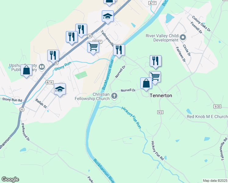 map of restaurants, bars, coffee shops, grocery stores, and more near 377 Norvell Drive in Buckhannon