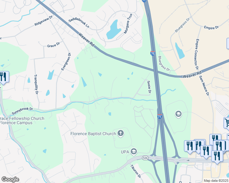 map of restaurants, bars, coffee shops, grocery stores, and more near 9344 Chitwood Circle in Florence
