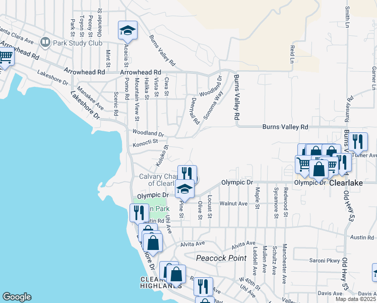 map of restaurants, bars, coffee shops, grocery stores, and more near 14304 Redbud Lane in Clearlake