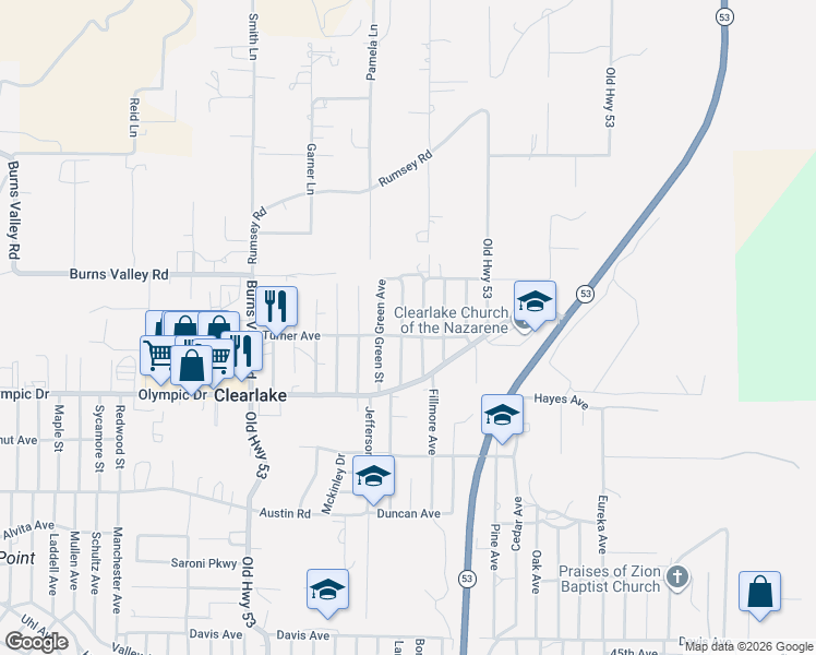 map of restaurants, bars, coffee shops, grocery stores, and more near 3364 Grey Avenue in Clearlake