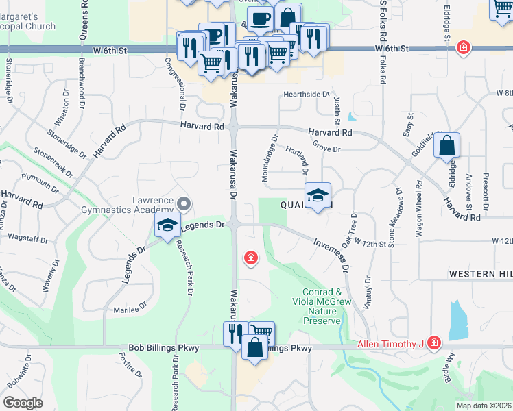 map of restaurants, bars, coffee shops, grocery stores, and more near 1116 Williamsburg Place in Lawrence