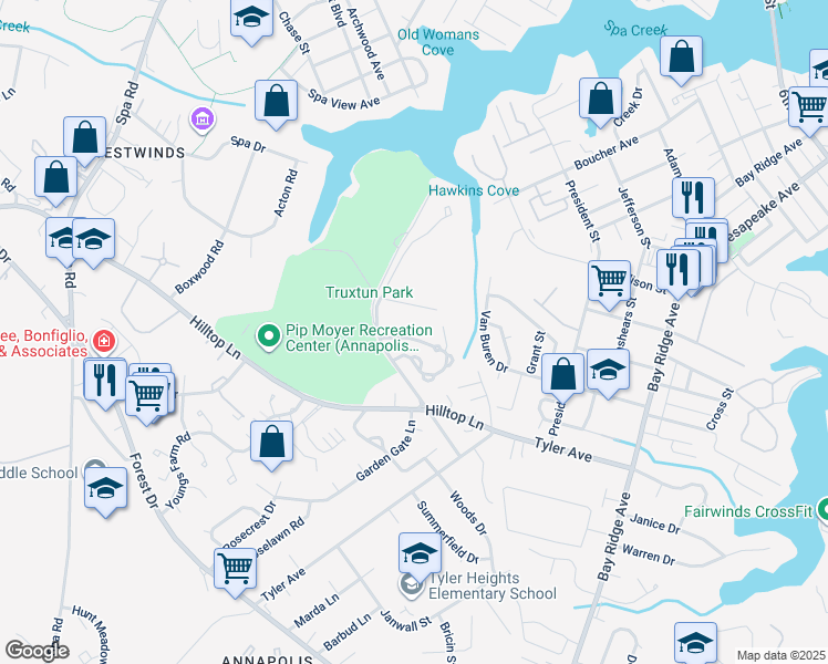 map of restaurants, bars, coffee shops, grocery stores, and more near 1142 Cove Road in Annapolis