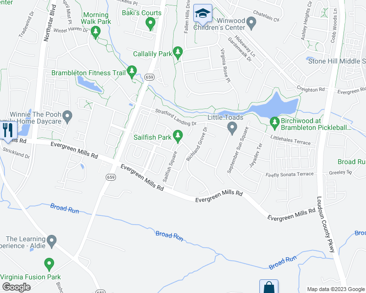map of restaurants, bars, coffee shops, grocery stores, and more near 42337 Benfold Square in Ashburn