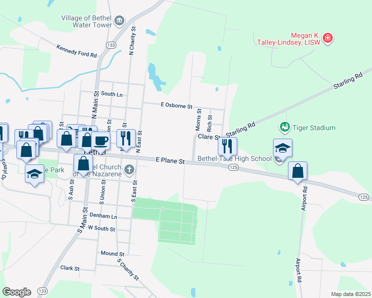 map of restaurants, bars, coffee shops, grocery stores, and more near 125R Morris Street in Bethel