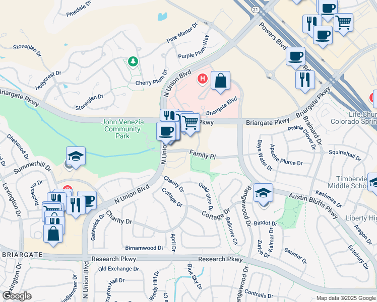 map of restaurants, bars, coffee shops, grocery stores, and more near 4700 Family Place in Colorado Springs