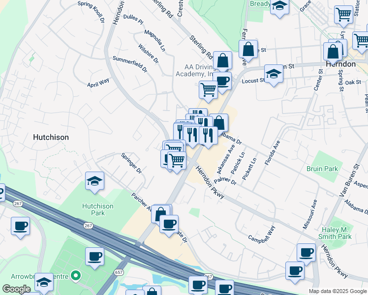 map of restaurants, bars, coffee shops, grocery stores, and more near 1108 Herndon Parkway in Herndon