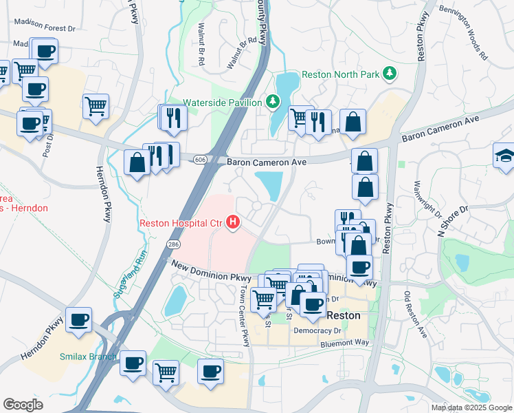 map of restaurants, bars, coffee shops, grocery stores, and more near 11999 Edgemere Circle in Reston