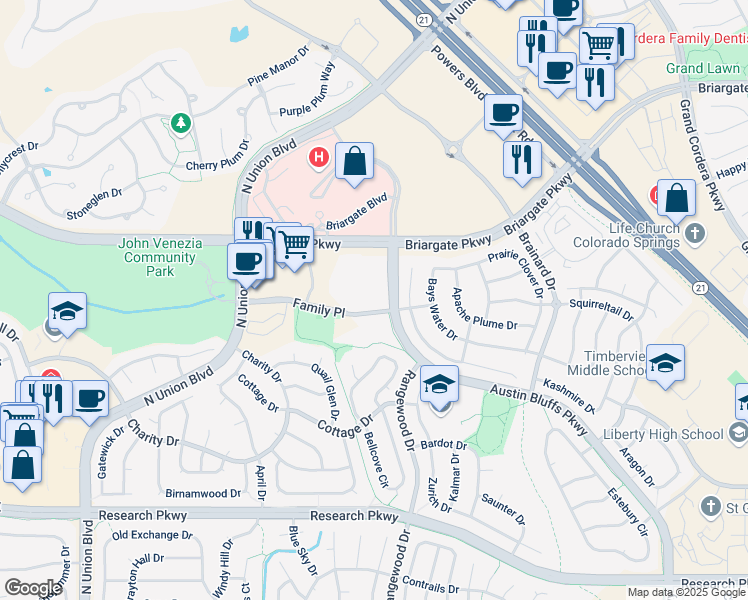 map of restaurants, bars, coffee shops, grocery stores, and more near 4108 Family Place in Colorado Springs