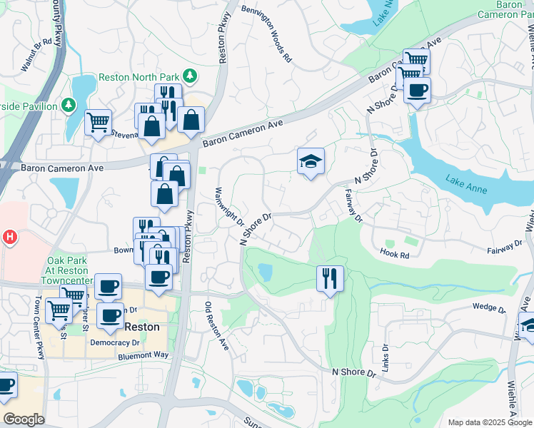 map of restaurants, bars, coffee shops, grocery stores, and more near 11659 North Shore Drive in Reston