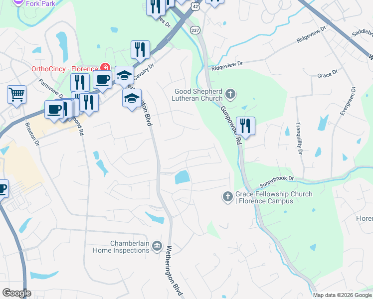 map of restaurants, bars, coffee shops, grocery stores, and more near 1526 Taramore Drive in Florence