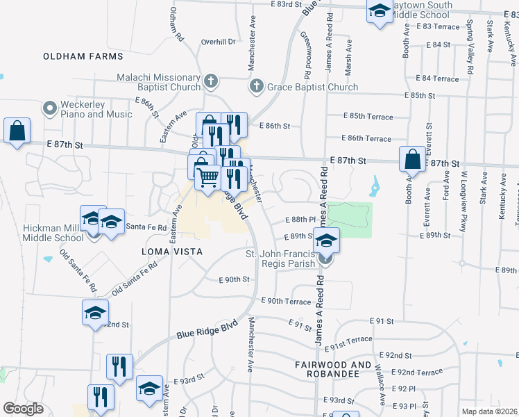 map of restaurants, bars, coffee shops, grocery stores, and more near 7900 East 88th Terrace in Kansas City