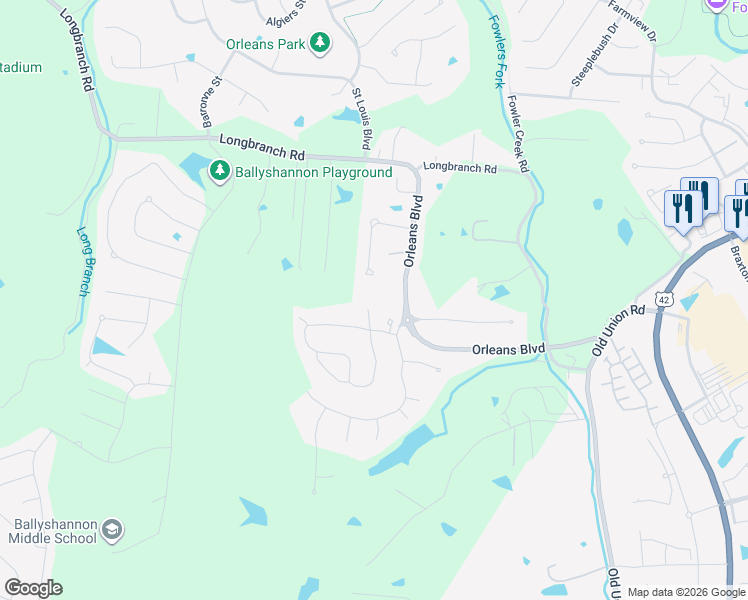 map of restaurants, bars, coffee shops, grocery stores, and more near 8420 Old World Court in Union