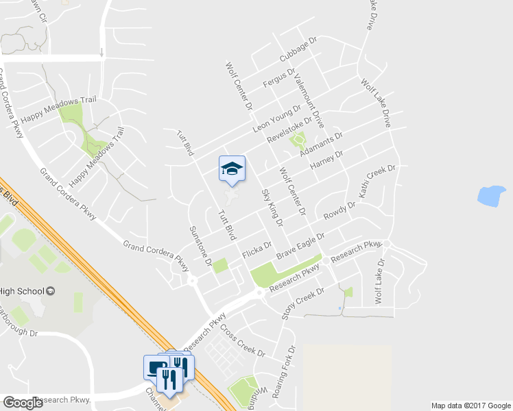 map of restaurants, bars, coffee shops, grocery stores, and more near 5774 Wolf Village Dr in Colorado Springs