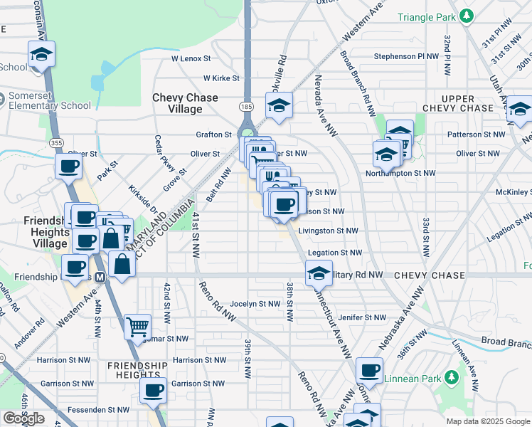map of restaurants, bars, coffee shops, grocery stores, and more near 3814 Morrison Street Northwest in Washington