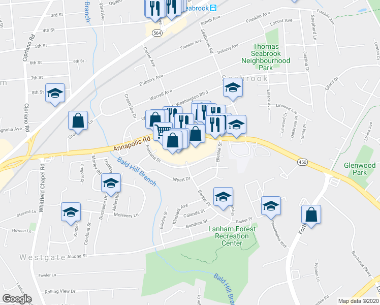 map of restaurants, bars, coffee shops, grocery stores, and more near 9347 Annapolis Road in Lanham