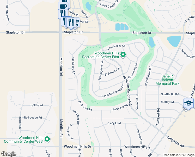 map of restaurants, bars, coffee shops, grocery stores, and more near 12202 Crystal Downs Road in Peyton